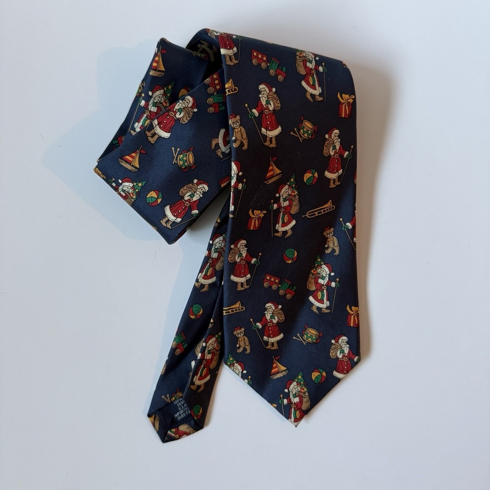 Vtg Lands‎ End Christmas Tie Navy Holiday Santa Print 100% Silk Necktie 58"
